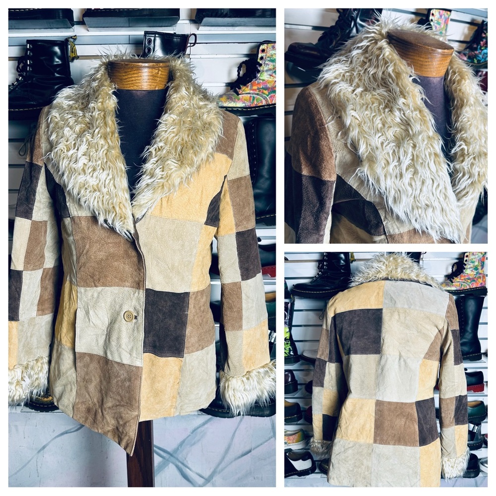 Outbrook Woman Vintage Patchwork Leather Penny Lane Coat Style Faux Fur Trim